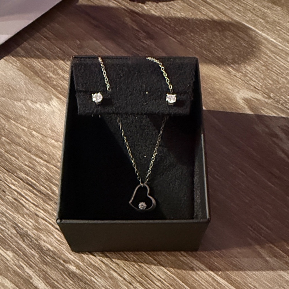Sterling silver cubic zirconia heart necklace stud earrings and jewelry set